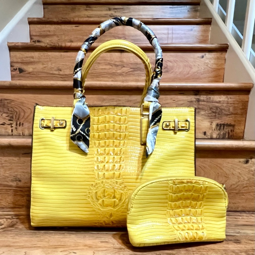 Elegant Yellow Croc-Embossed Tote Set